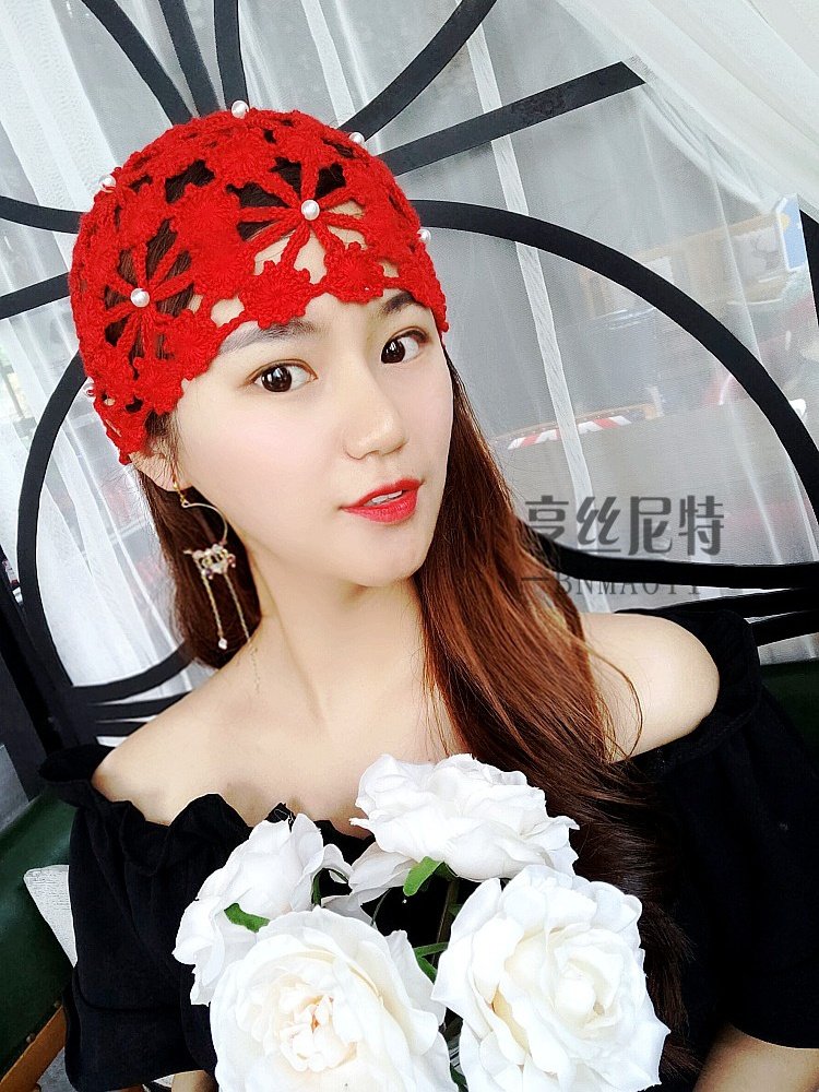 纯亚麻春夏薄帽透气针织女帽镂空头巾帽女手工编织钩花梅花包头帽