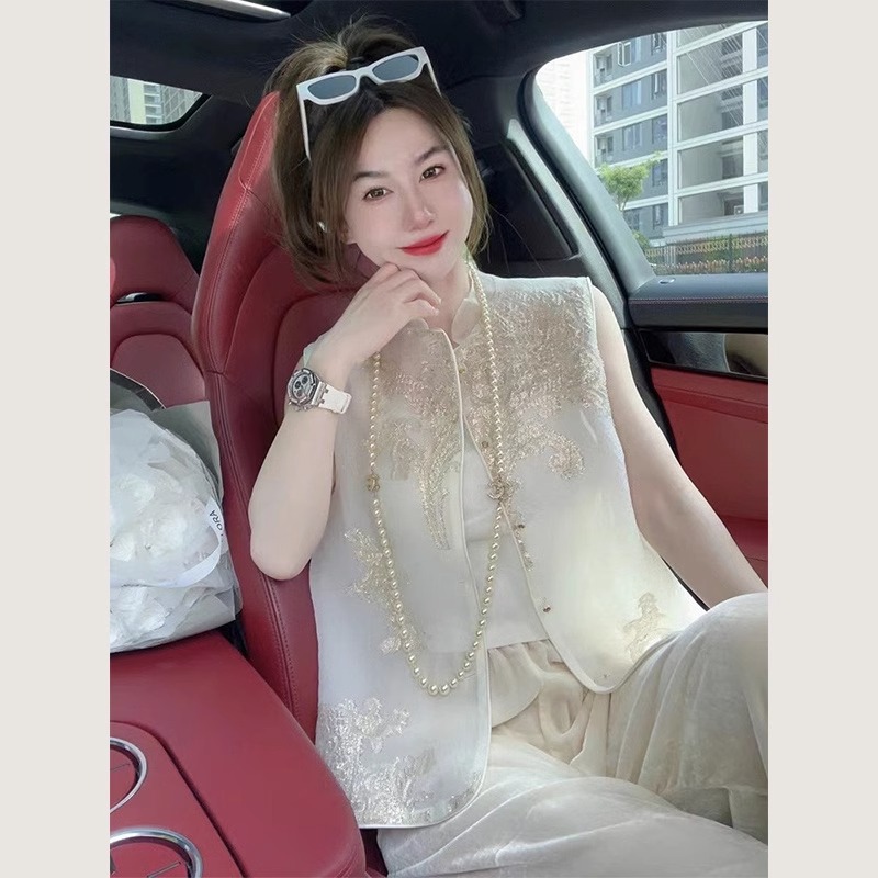 新中式国风女装禅意唐装上衣2024新款米白色背心马甲两件套装夏装