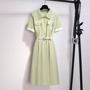 绿色工装收腰连衣裙夏季女装2024新款polo领洋气减龄漂亮显瘦长裙