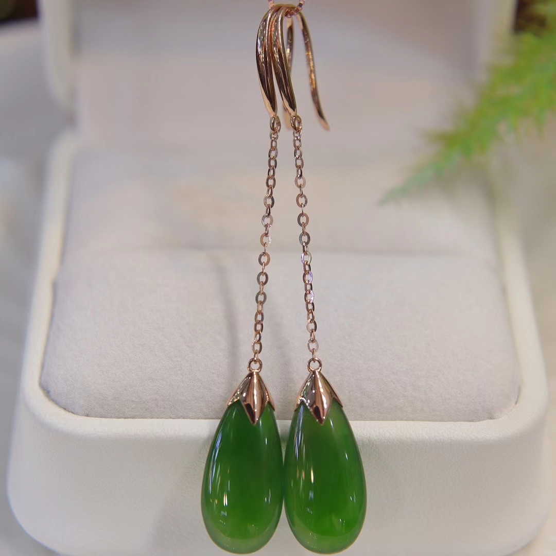 新款和田玉耳坠碧玉耳环18k金天然正品玉石金镶玉菠菜绿耳钉耳线