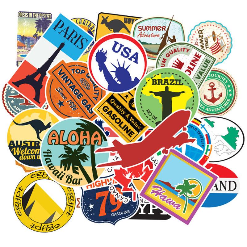 100 Pcs Travel Map Country Logo PVC Waterproof Stickers