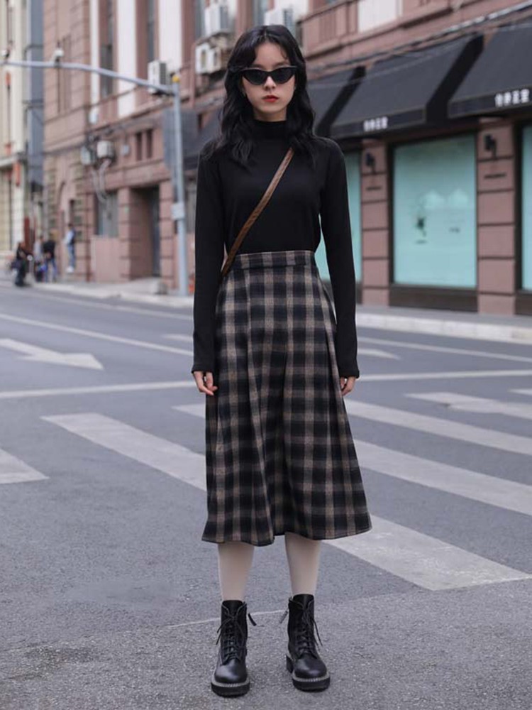 毛呢格子半身裙女春秋冬秋冬中长款裙子a字裙冬裙冬天冬季配毛衣
