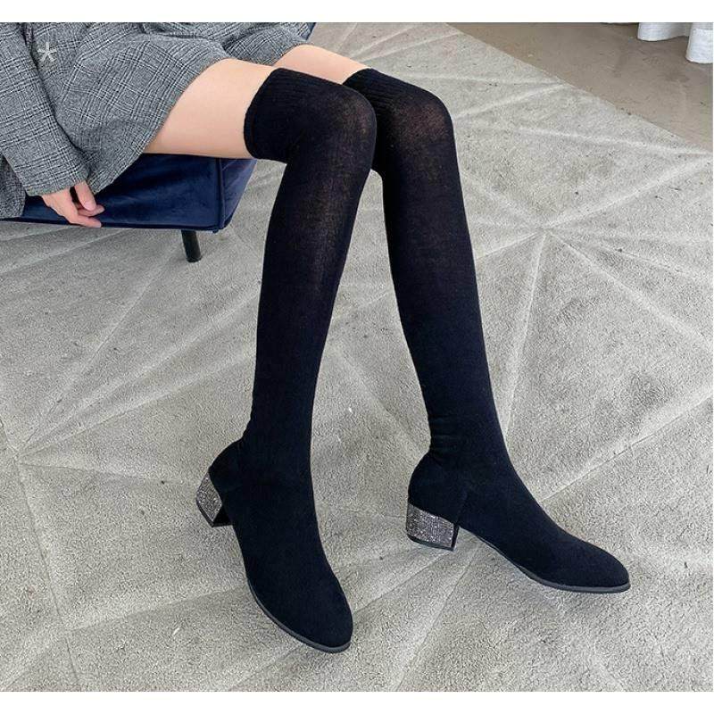 弹力粗跟丝袜靴女秋冬季显瘦性感长筒过膝靴圆头炸街网红瘦瘦靴