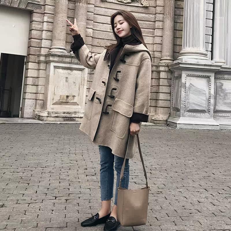 sandromoscoloni牛角扣毛呢大衣英中长款时尚英伦风连帽双面羊