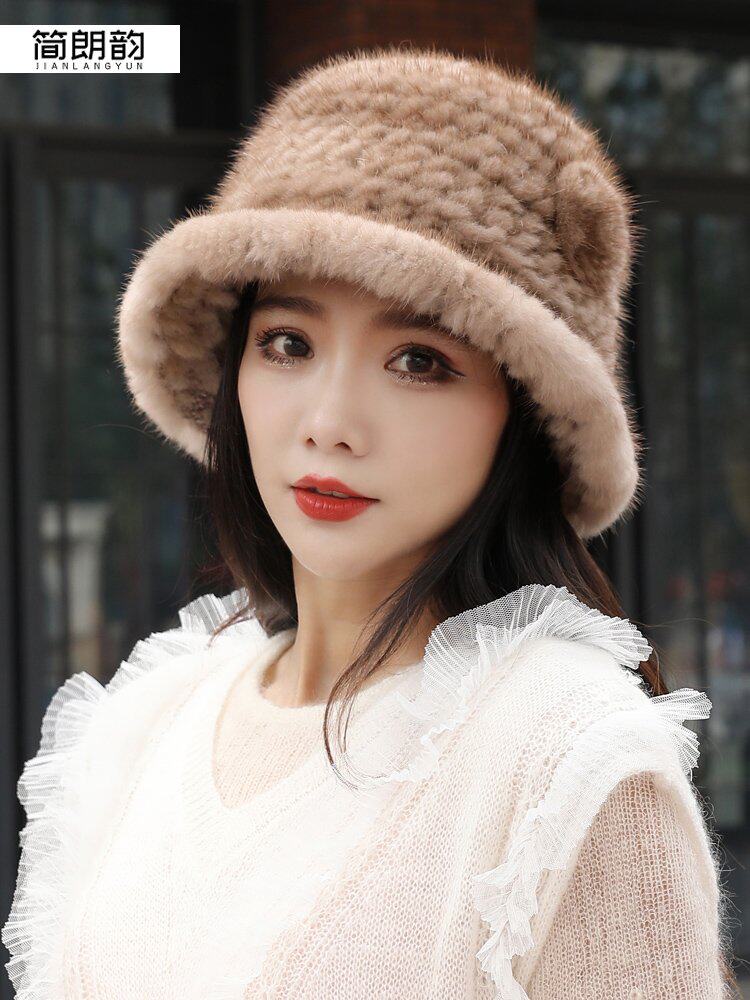 新款水貂毛皮草帽子女冬天韩版貂绒渔夫帽百搭护耳盆帽貂皮礼帽潮