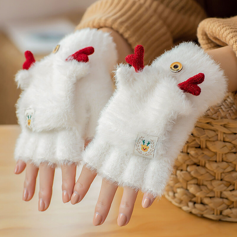 圣诞节手套露指冬季女半指翻盖女生写字专用五指鹿角冬天学生可爱