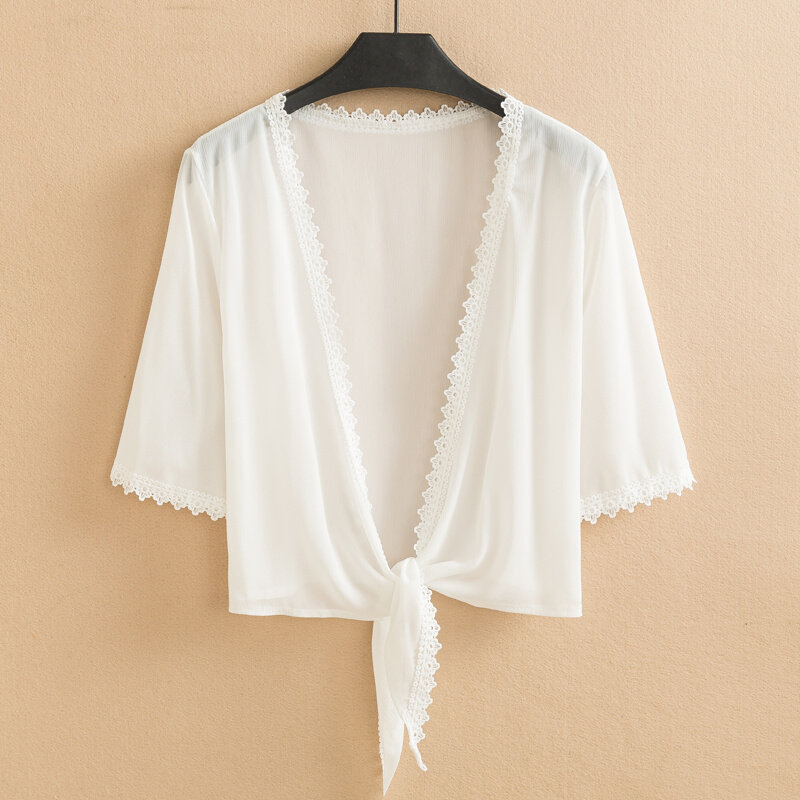 短款雪纺小披肩薄外套开衫防晒衣女夏季新款五分袖白色外搭配长裙