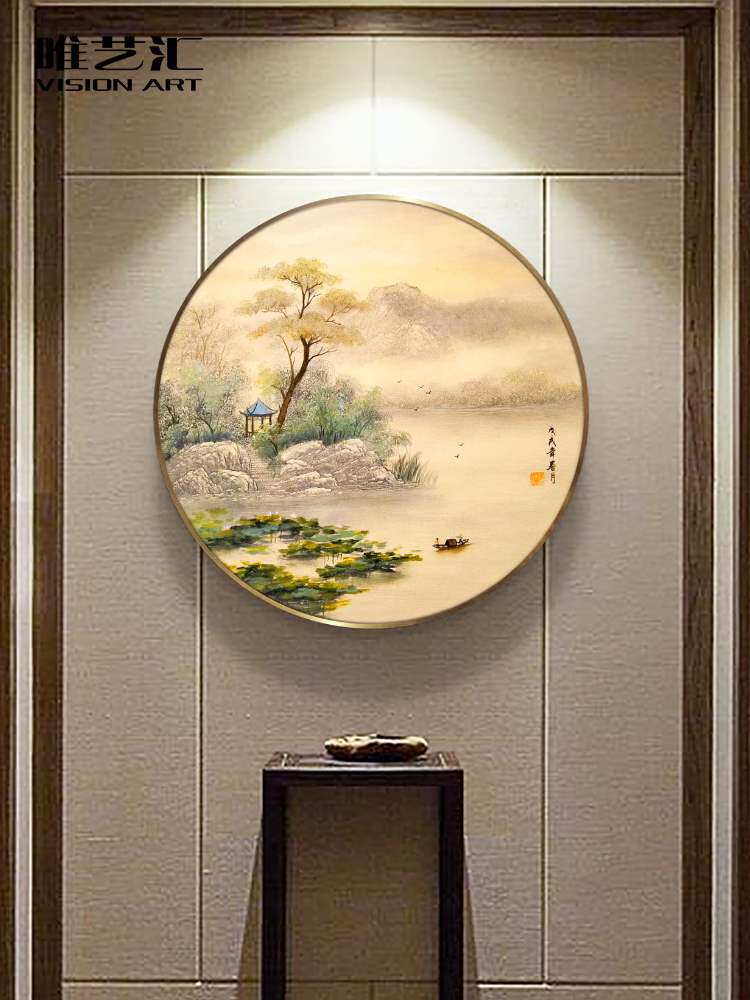 纯手绘新中式圆形风景油画餐厅壁画客厅装饰画玄关挂画意境山水画