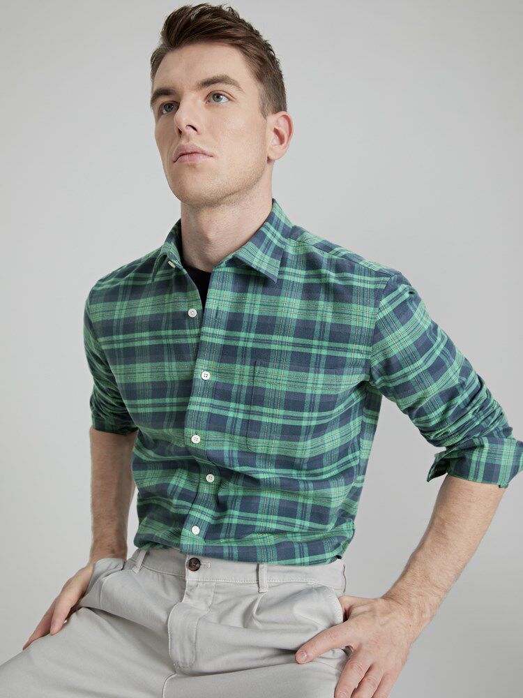 绿色格子衬衫男长袖秋冬款加厚磨毛格子衫痞帅男美式休闲外套衬衣