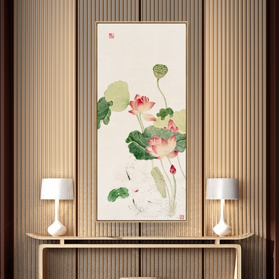 新品新中式玄关装饰画走廊荷花竖版水墨画客厅墙画禅意t莲花茶室