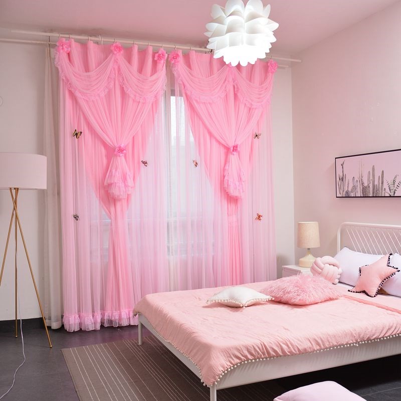 韩式定制成品蕾丝粉色三层公主风梦幻浪漫卧室飘窗客厅结婚窗帘