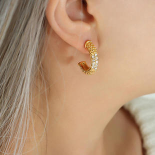 英国TopWhit奇特设计古典不掉色镀金C形耳环镶嵌锆石小众时尚耳饰