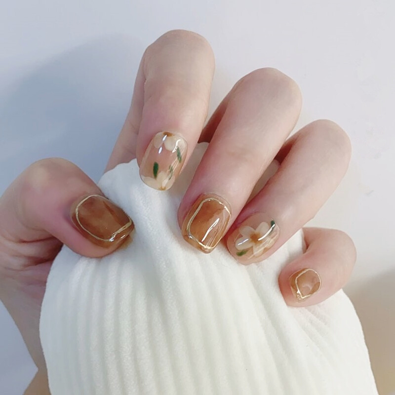 长岛冰茶美甲穿戴甲秋冬款假指甲美甲贴片山茶花成品网红爆款2021