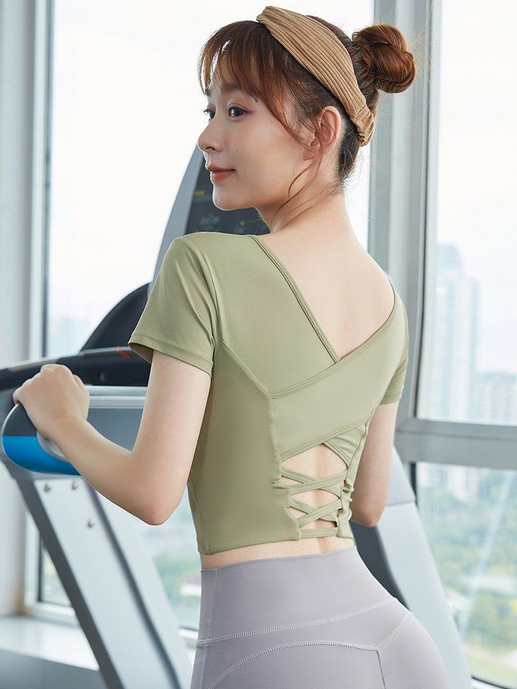 瑜伽服女新款短袖美背运动上衣夏季紧身透气带胸垫晨跑步健身t恤