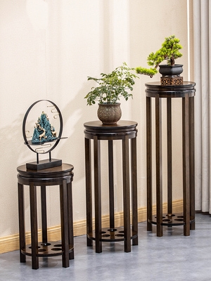 新品新中式花架置物架客厅实木圆形花台室内花几仿古多层禅意落o