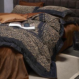 日本购复古风豹纹牛奶绒四件套冬季加厚保暖双面绒被套印花床单床
