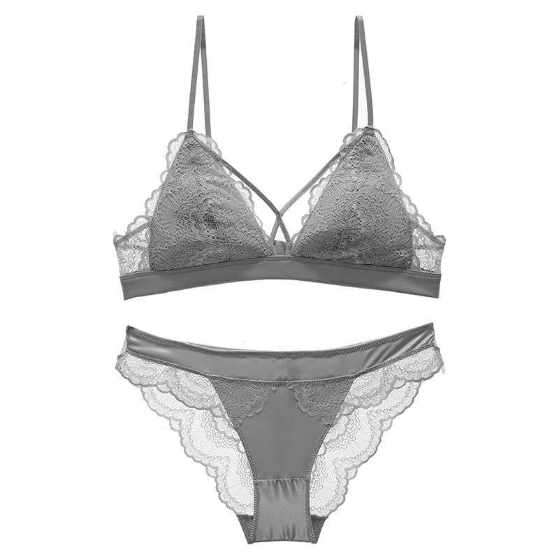 少女美屋法式无钢圈内衣三角杯系带薄款文胸套装奶罩21767灰色