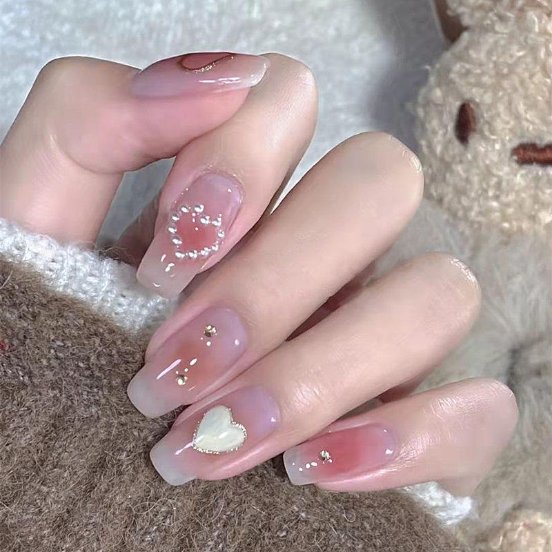 新款小清新穿戴甲片冰透少女腮红美甲贴片可爱少女指甲贴成品可卸