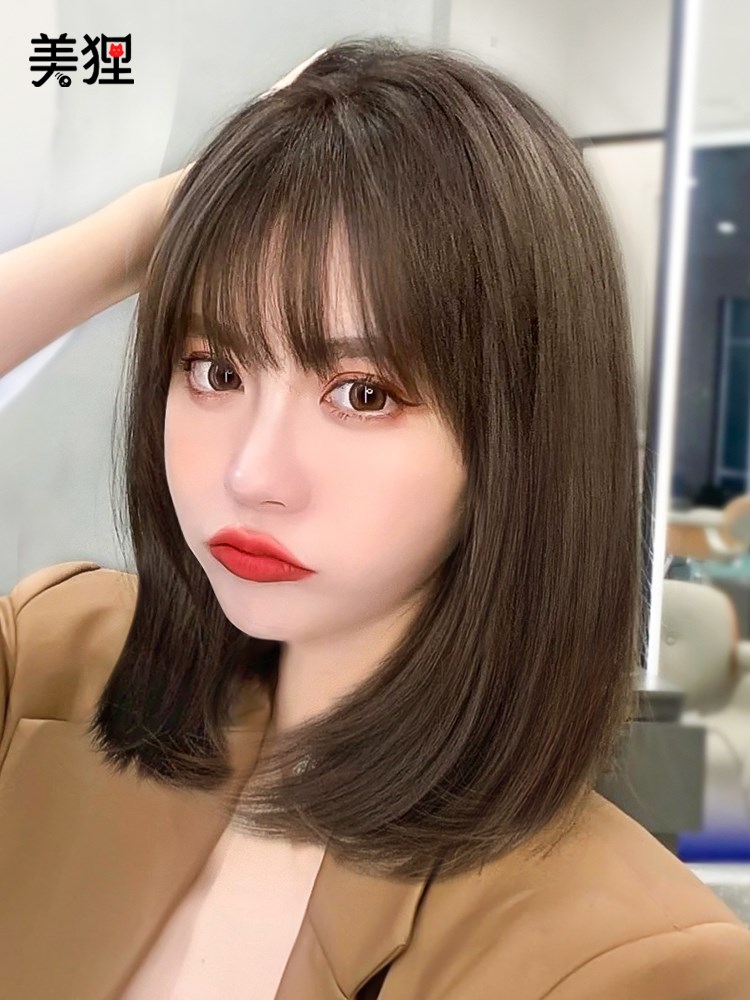 假发女中长发空气刘海齐肩锁骨发短发lisa同款全头套式仿真人发丝