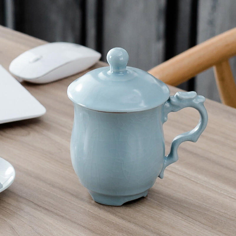 会议龙头杯汝窑办公杯陶瓷茶杯冰裂釉带盖个人杯开片可养水杯复古