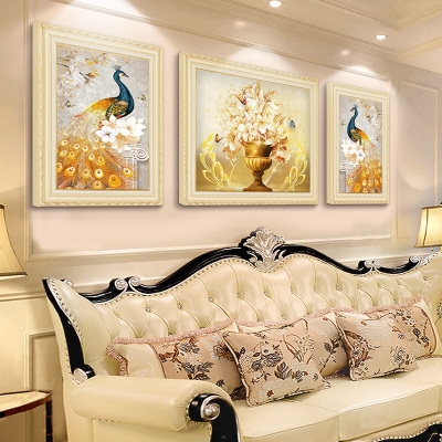 轻奢孔雀欧式客厅装饰画沙发背景墙面高档挂画美式三联大气壁画