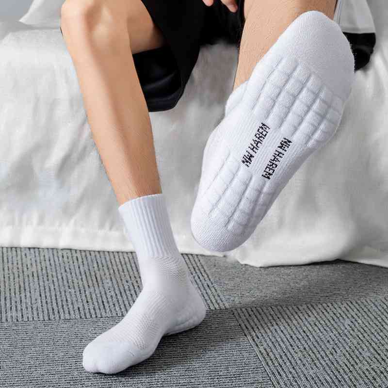 袜子男士中筒袜防滑专业运动篮球毛巾底吸汗透气纯白色棉长袜