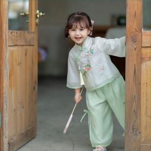 巴拉巴柆女童夏款短袖古装套装儿童改良唐装上衣宝宝中国风汉服两
