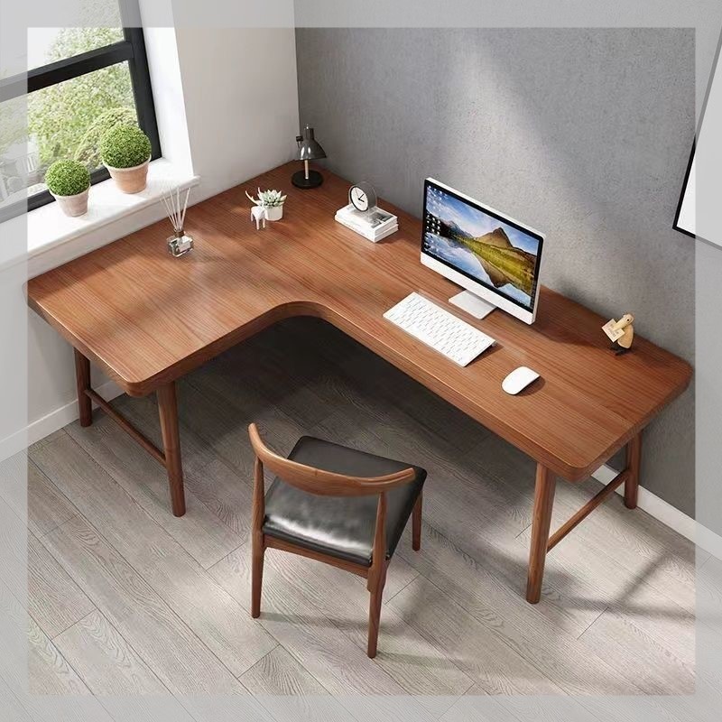 北欧全实木转角书桌l型拐角家用办公桌角落电脑桌书架组合一体桌