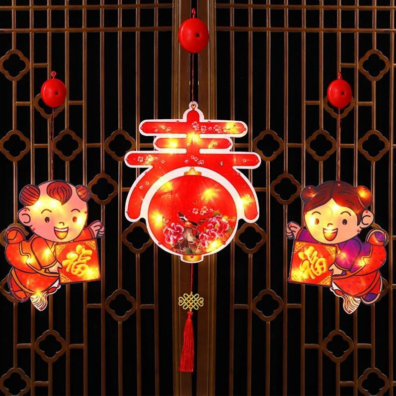 虎年新款led亮灯的福字春节装饰挂饰带灯发光挂件过新年彩灯氛围