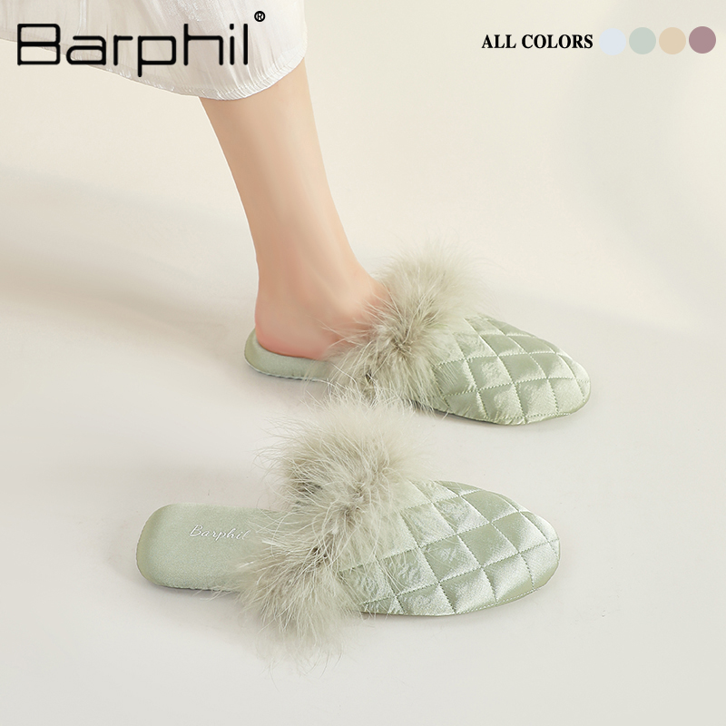 Barphil拖鞋室内家居2024年春季新款静音小香风新中式毛毛拖鞋女