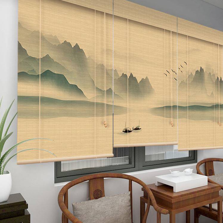 山水风景画印花竹帘卷帘新中式日式窗帘茶室遮阳禅意装饰隔断帘子