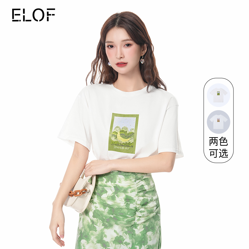 ELOF夏日撞色油画印花短袖T恤女