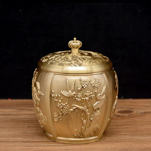 纯铜百福茶叶罐聚宝盆带盖全黄铜密封罐招财米缸储存罐工艺制品