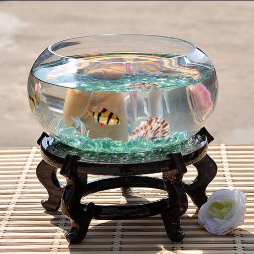 一体超托鱼缸实有木高圆形玻璃底带托座缸球形鱼缸