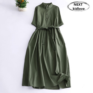 香港欧洲站绿色高级感棉麻短袖连衣裙2024夏装亚麻系带衬衫中长裙
