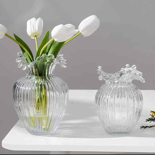 新品D欧式创意波浪口花瓶摆件客厅插花水养玫瑰玻璃透明大肚花瓶