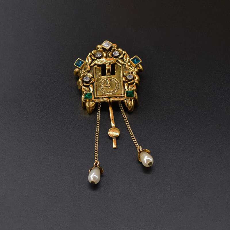 ins个性e复古人像小鸟闹钟表胸针女高档宫廷雕花珍珠流苏别针胸花