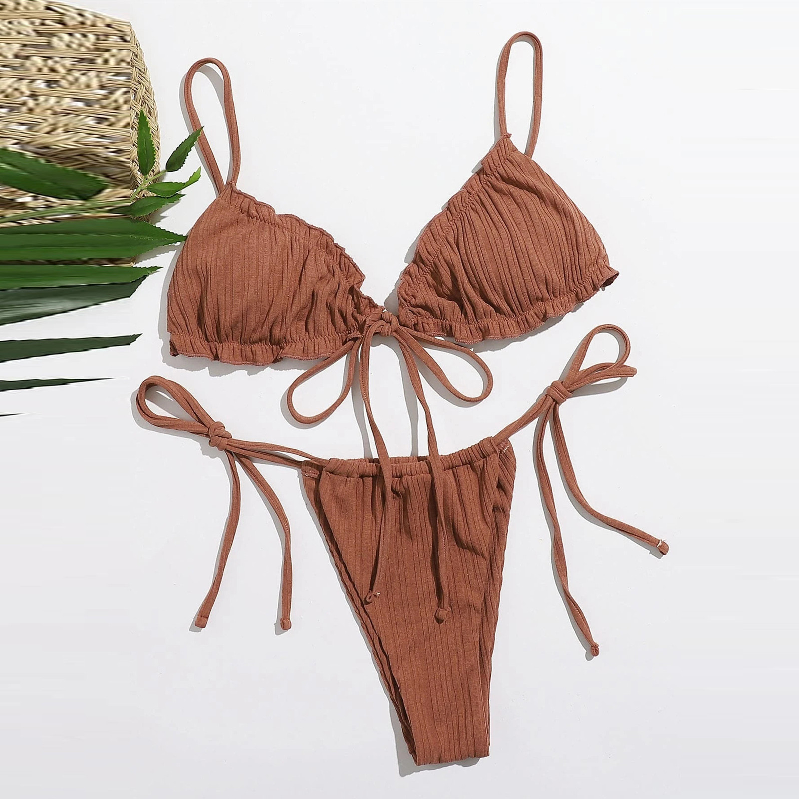 2022 Solid Striped Lace-Up Bikini2022夏季纯色条纹系带比基尼