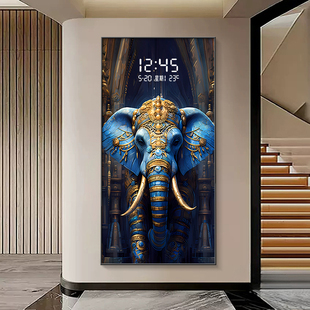 吉象入户玄关装饰画电子钟表大象客厅带灯挂画创意高级感时钟壁画
