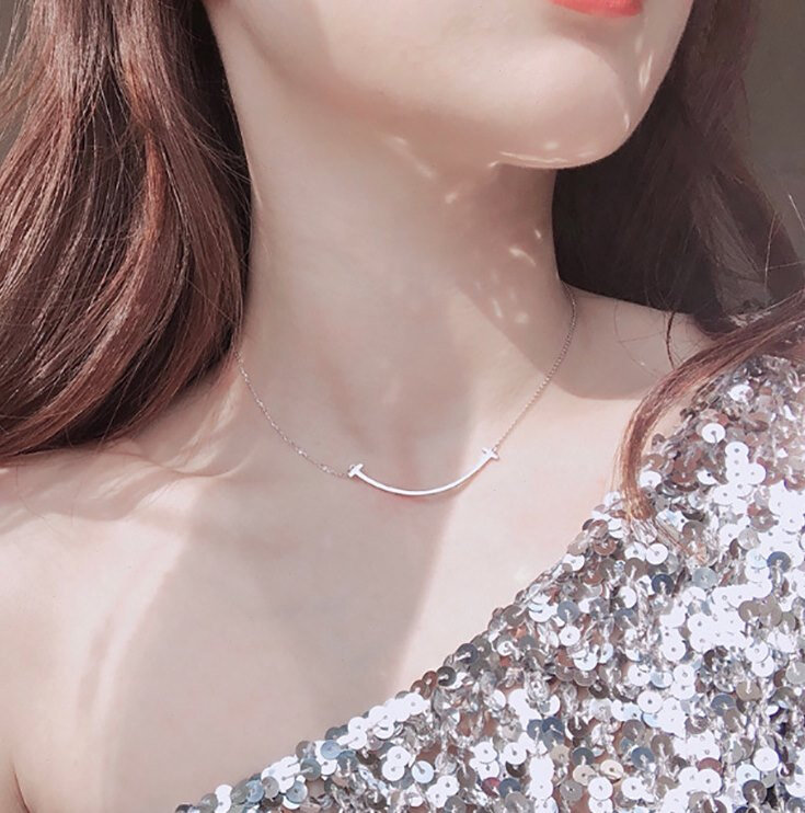 tf微笑项链18ko金女夏纯银提夫尼白金彩金笑脸锁骨链冷淡风玫瑰金