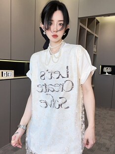 RR fashion 短袖T恤裙女2024夏季新款蕾丝拼接假两件字母圆领上衣