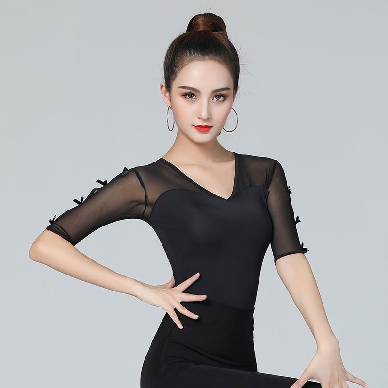 丹宝j罗冰丝华尔兹舞蹈服上衣女装跳舞衣v领中袖摩登