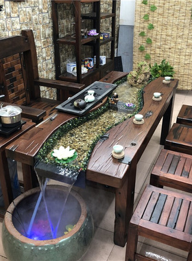曲水流觞老船f木茶桌椅组合中式鱼缸实木泡茶台流水养鱼