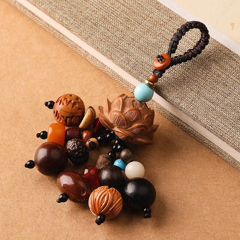 十八菩提子桃木莲花汽车钥匙扣挂件平安转运男女高档创意古风挂饰