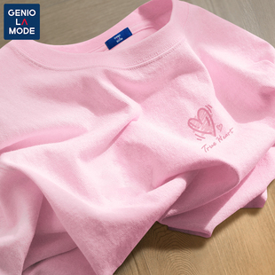 Genio Lamode粉色纯棉短袖t恤女2024夏季新款休闲高级感宽松上衣