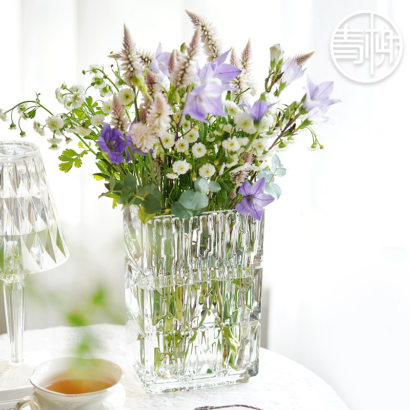 高级感水晶玻璃鲜花花瓶透明玻璃花瓶客厅餐厅花瓶桌面装饰花瓶