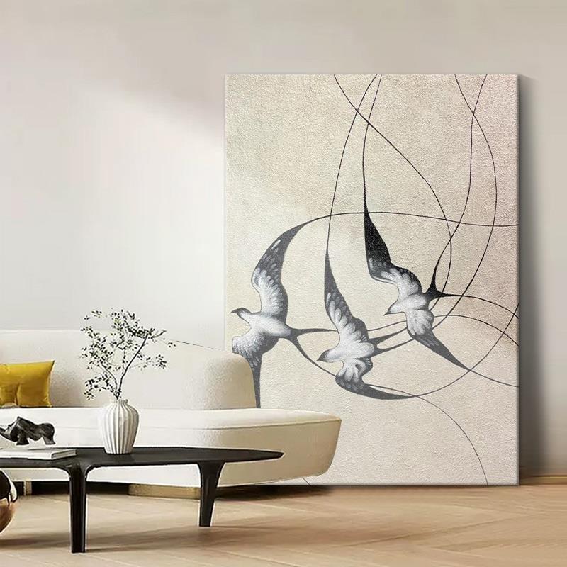 网红抽象燕子手绘油画原木风无边框动物装饰画客厅挂画玄关砂岩肌