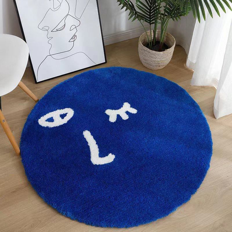 水星克莱因蓝色毛绒地毯卧室床边圆形衣帽间ins梳妆台客厅茶几垫