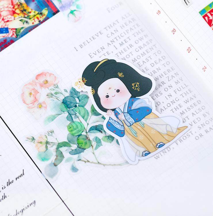 m贴纸风爱手账少女古风手账卡通手可g装饰古帐手机贴素材唐朝仕女