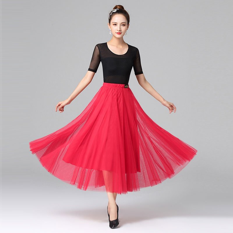丹宝罗广场舞网纱裙女长纱裙红色半身舞蹈裙大摆跳舞裙交谊舞裙子